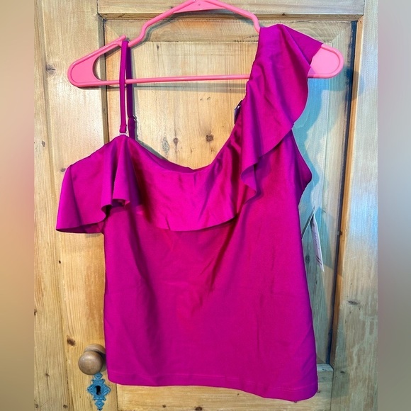 Time & Tru One Shoulder Ruffle Bathing Suit Top Size Large Fuchsia Pink NWT - Picture 1 of 12